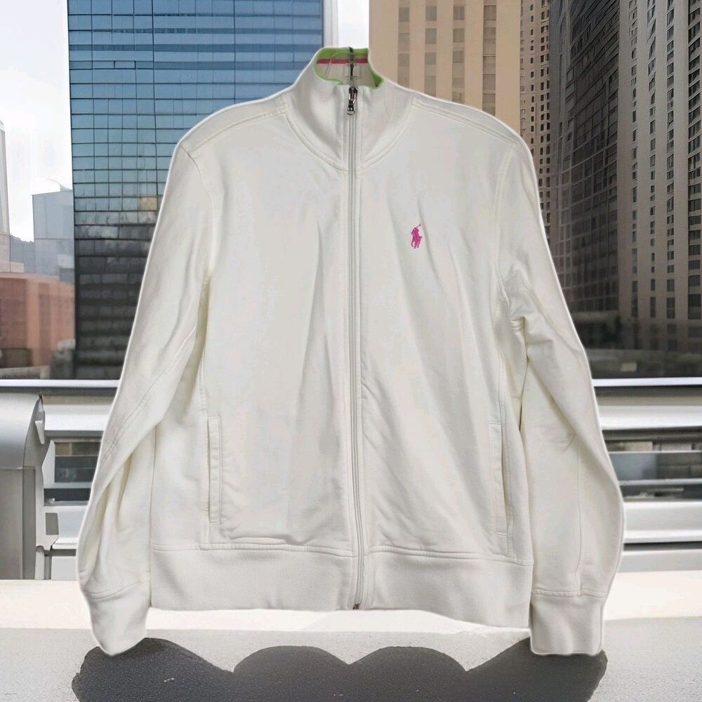 VTG Ralph Lauren Golf Jacket‎ Women XL Cream Full-Zip Embroidered Pink Pony Logo